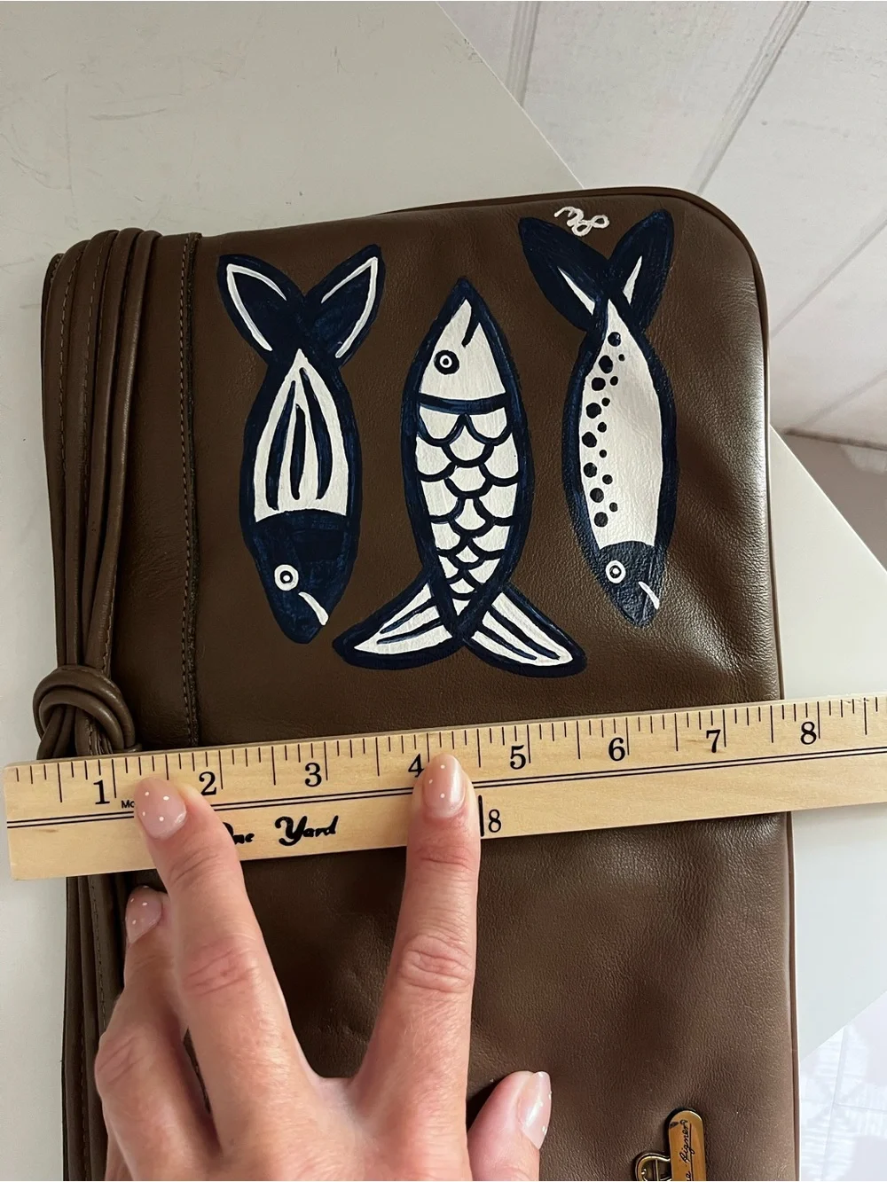 Etienne Aigner Brown Clutch with Navy & White Sardine Fish Motif